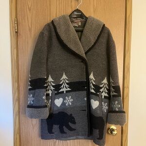 Cozy Gray Bear-Print Hooded Coat